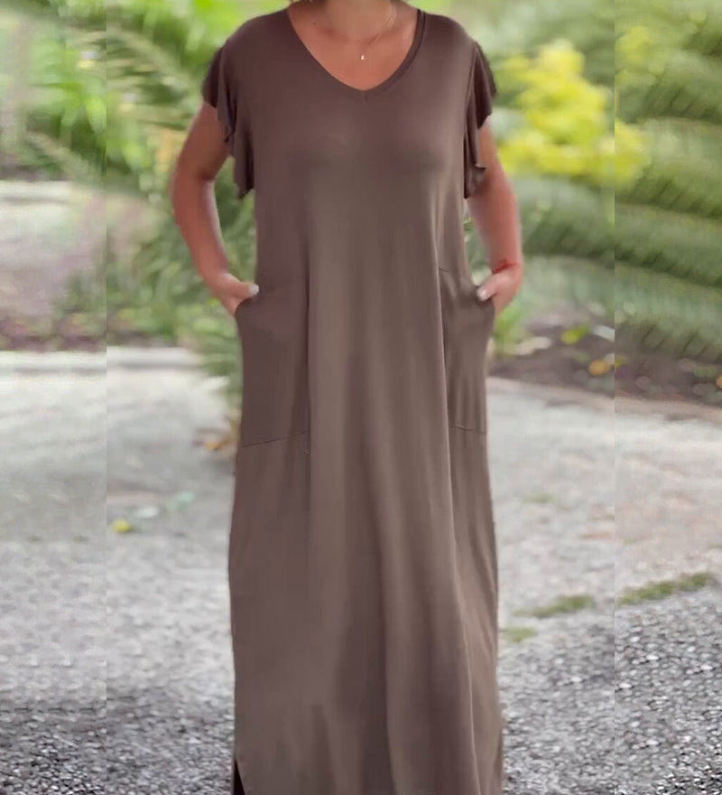 Robe longue de couleur unie avec poche et manche courte