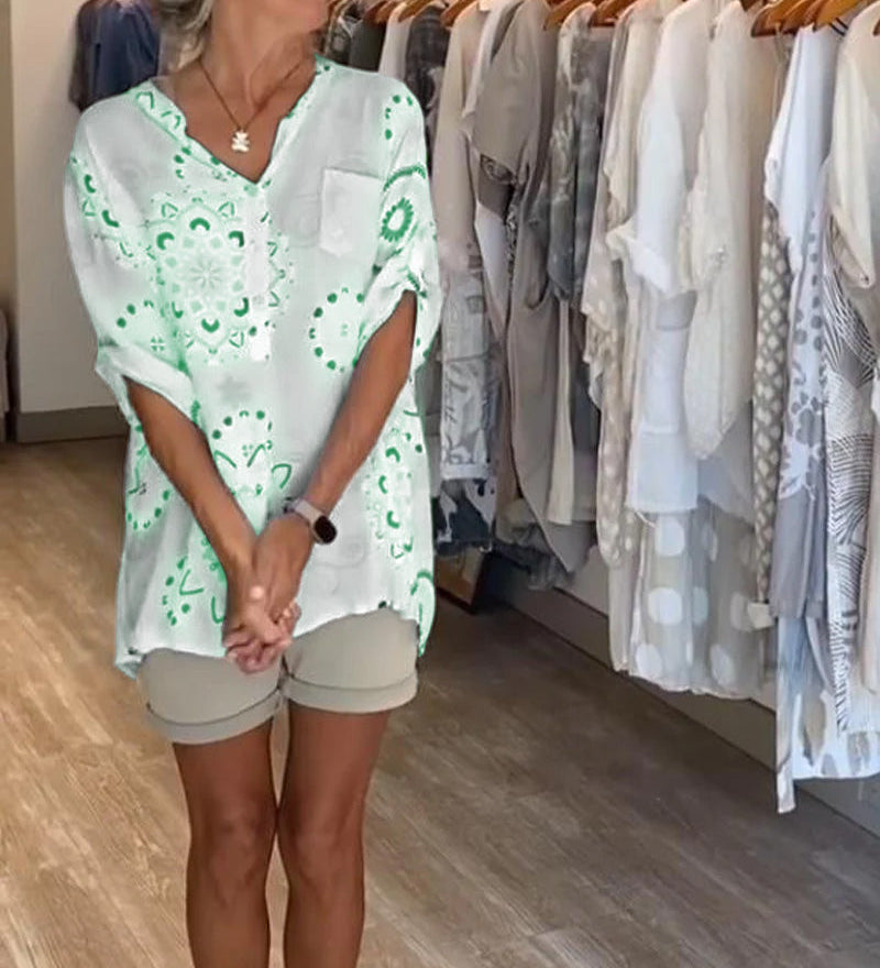 Blouse Polyvalente Col En V Imprimée Manches Mi-Longues