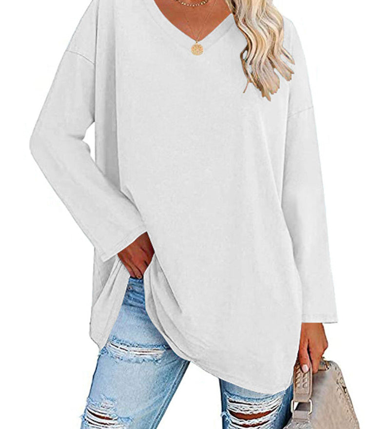 T-shirt femme uni col V manches longues