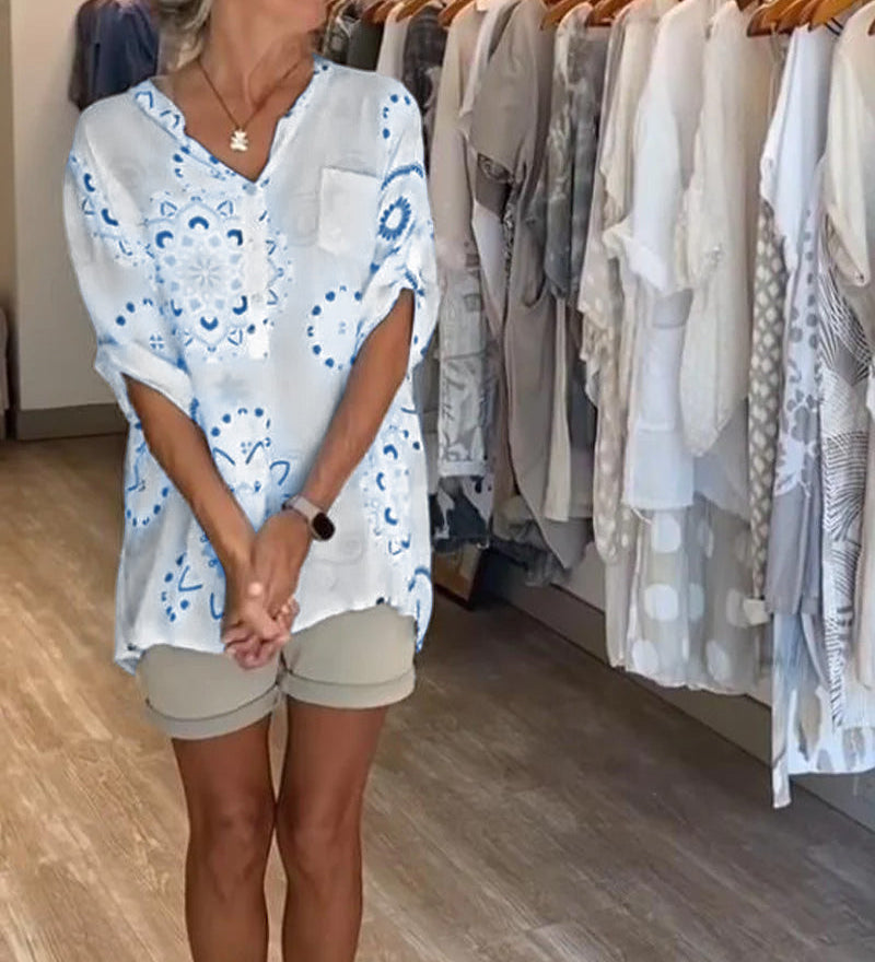 Blouse Polyvalente Col En V Imprimée Manches Mi-Longues