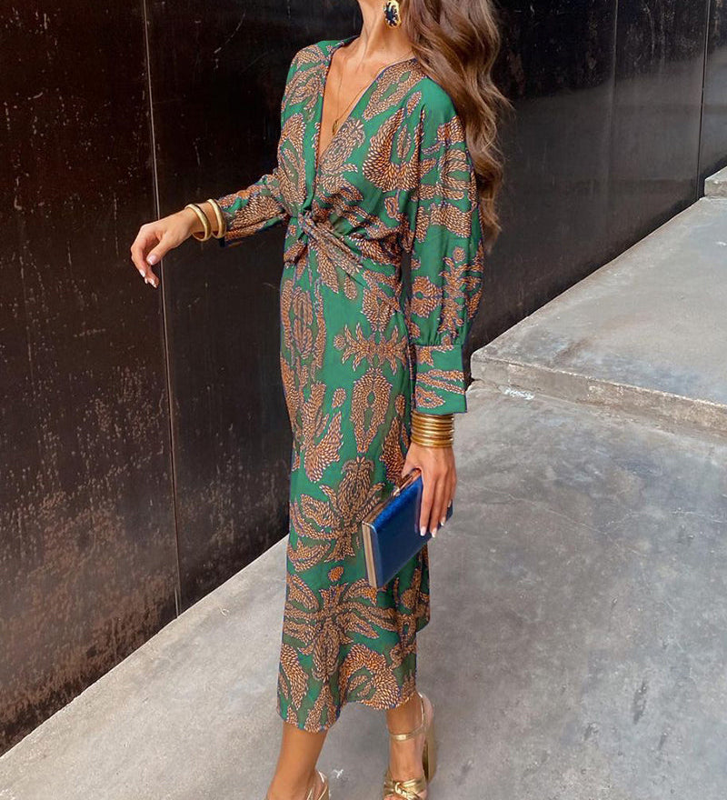 Robe élégante à manches longues et col en V imprimé vintage