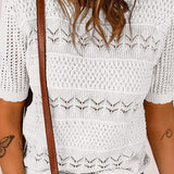 Pull À Manches Courtes En Maille Crochetée Ajourée Et Col Rond Pour Femmes