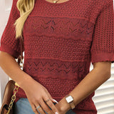 Pull À Manches Courtes En Maille Crochetée Ajourée Et Col Rond Pour Femmes