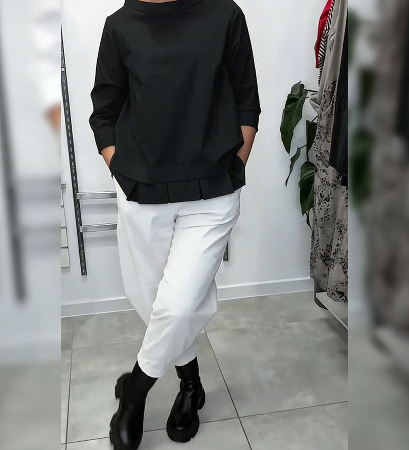 100% Coton Blouse Col Large Couleur Unie Décontracté
