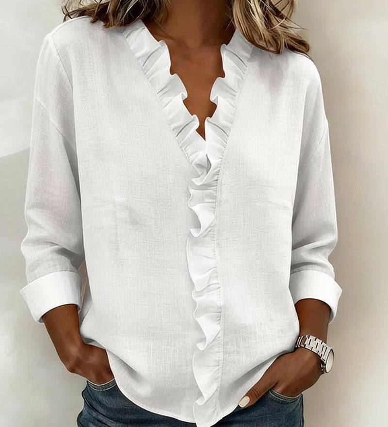 Blouse Froncé Col En V Manches Longues