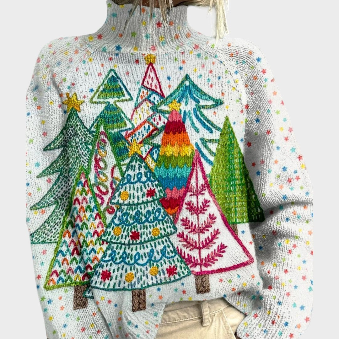 Pull col roulé blanc à sapins de Noël multicolores — Adèle, LucieSaint-Tropez