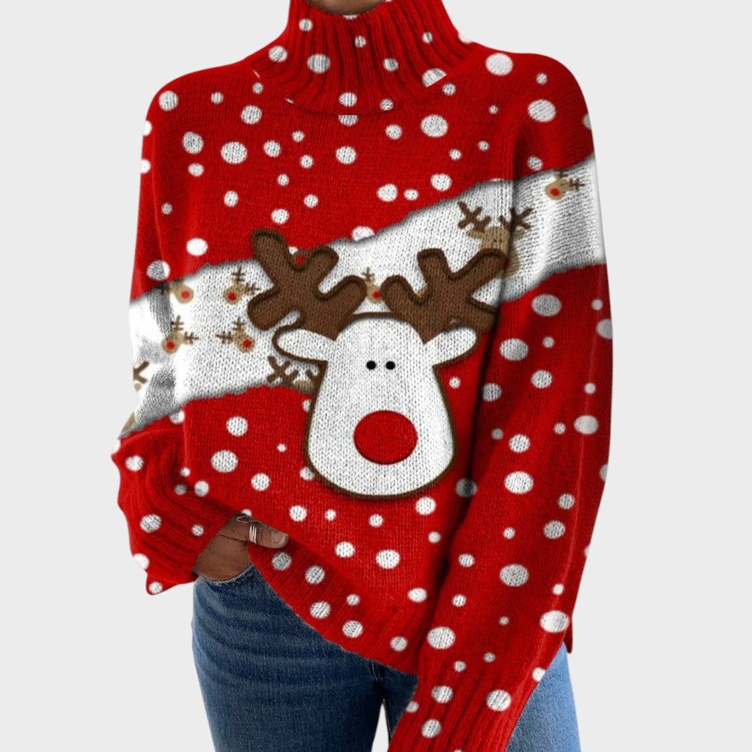 Pull col roulé rouge à pois avec renne de Noël — Joséphine, LucieSaint-Tropez