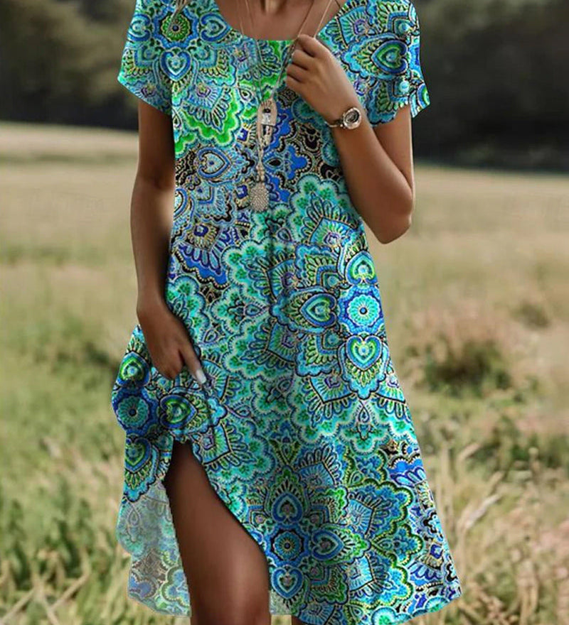 Robe À Col Rond Avec Impression Vintage