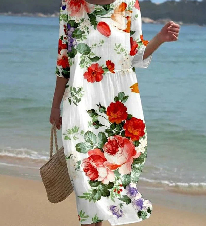Robe élégante à col rond et imprimé floral