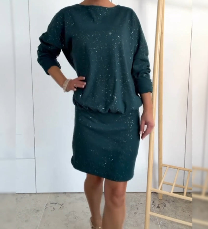 Robe Col Rond Paillettes Fines À La Mode