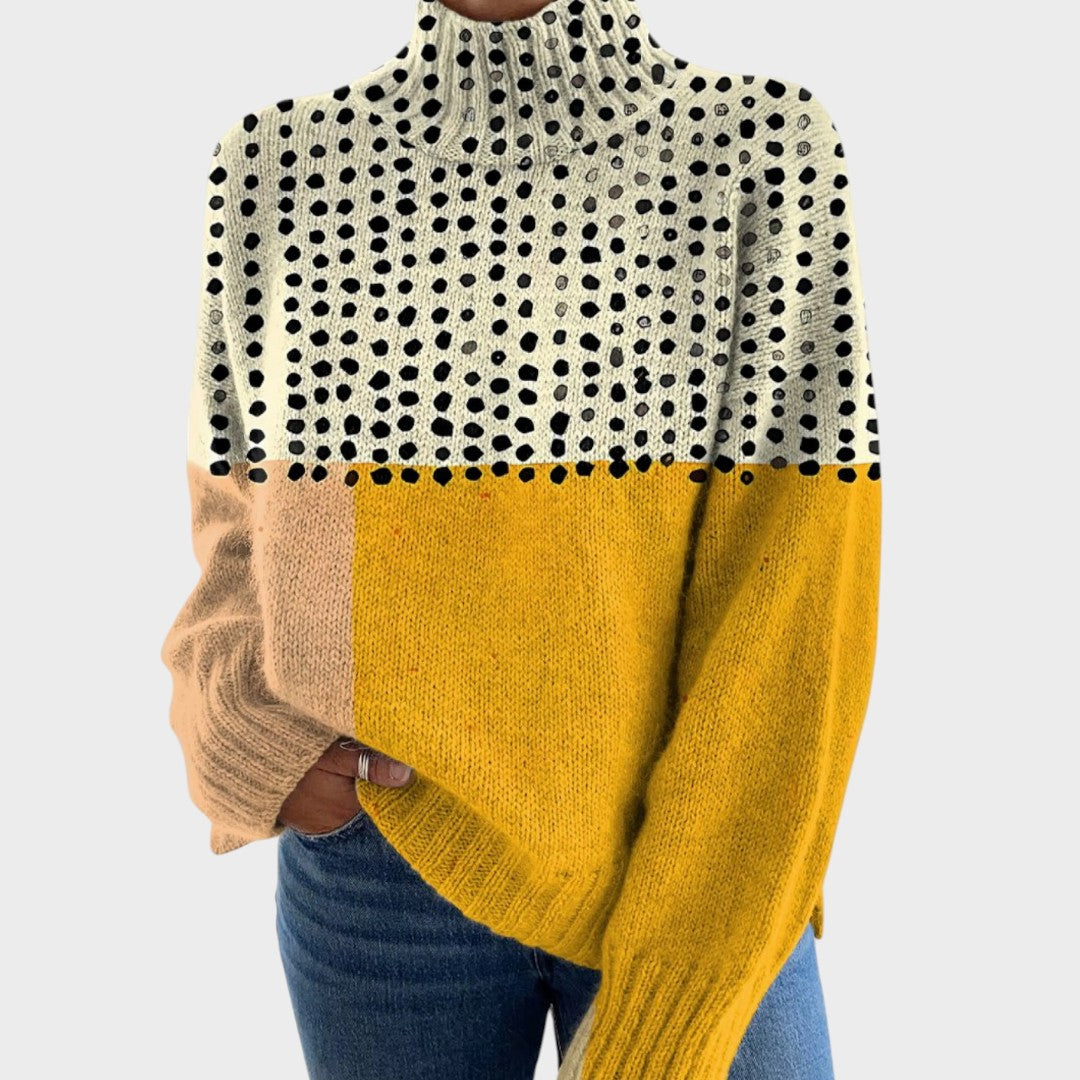 Pull col roulé à pois et color block moutarde — Noémie, LucieSaint-Tropez