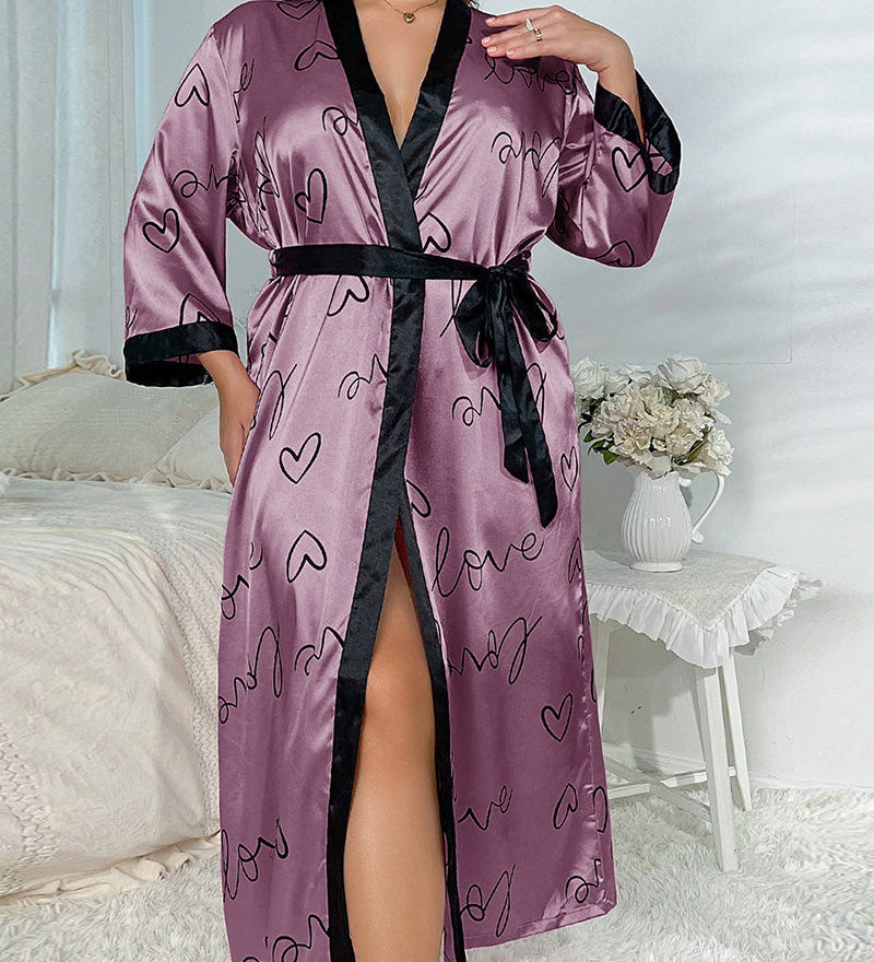 Robe pyjama sexy en imitation soie imprimée, grande taille