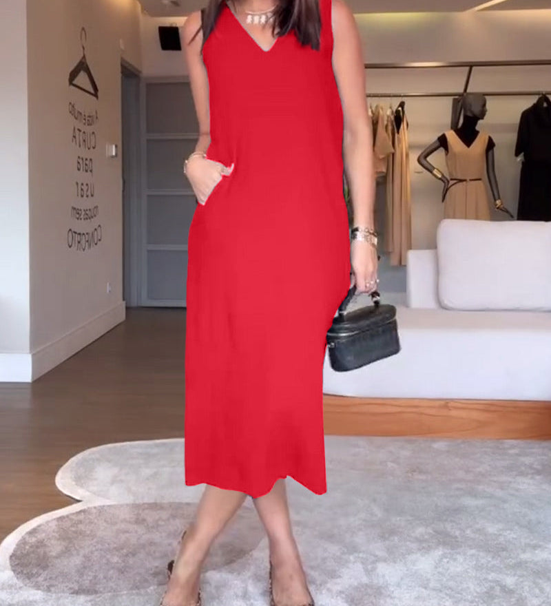 robe décontractée col en V sans manches couleur unie fendue