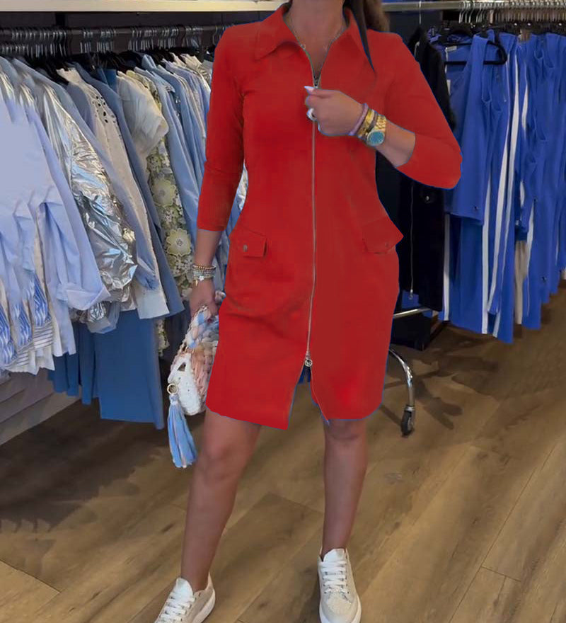 Robe Col Unie Fermeture Éclair Manches Longues