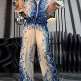 Costume à Pantalon Large Tempérament Col Montant Fermeture Éclair