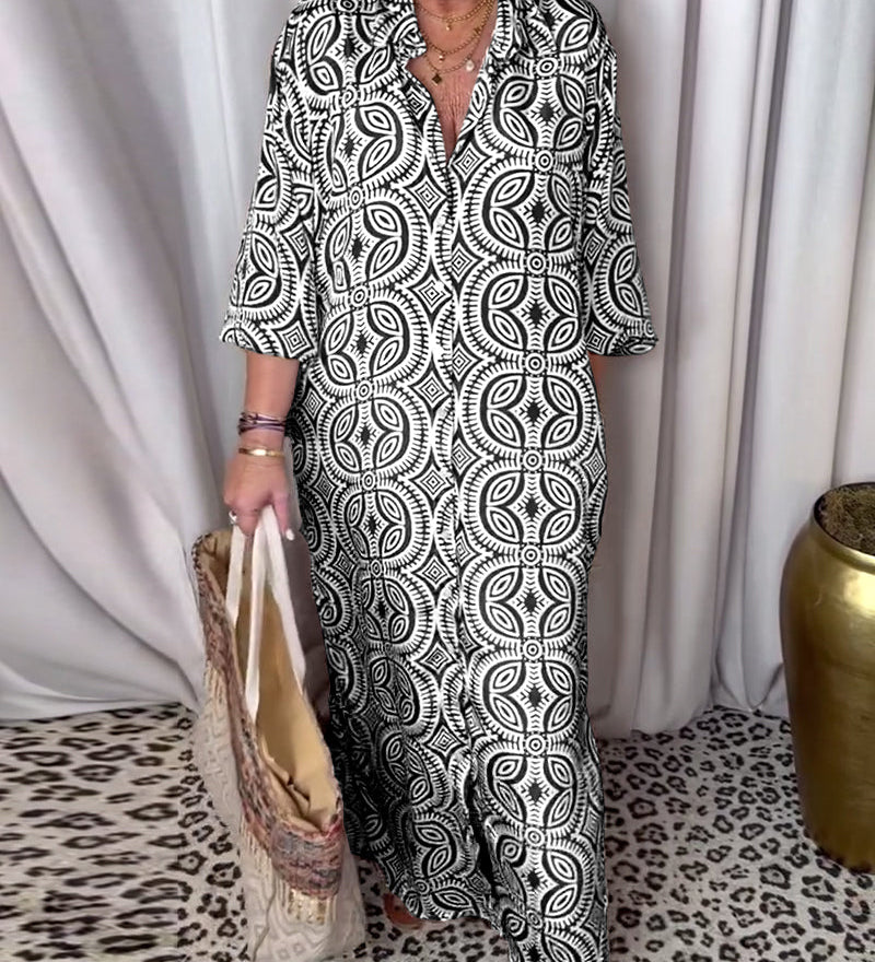 Robe longue imprimée vintage avec poche à revers