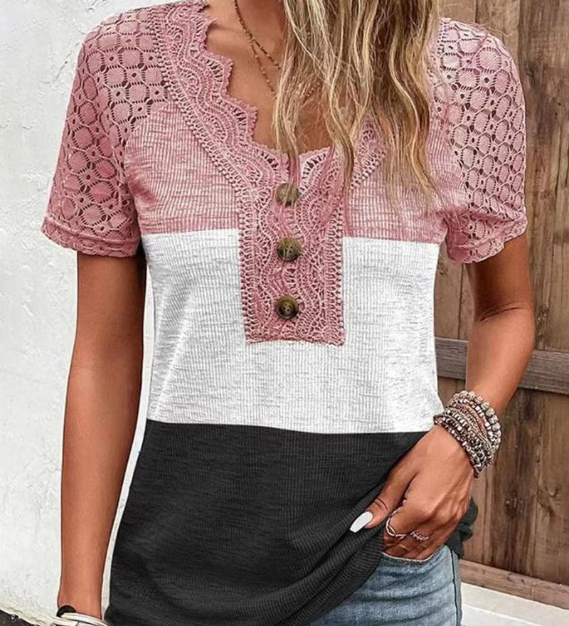 T-shirt en dentelle à bloc de couleur