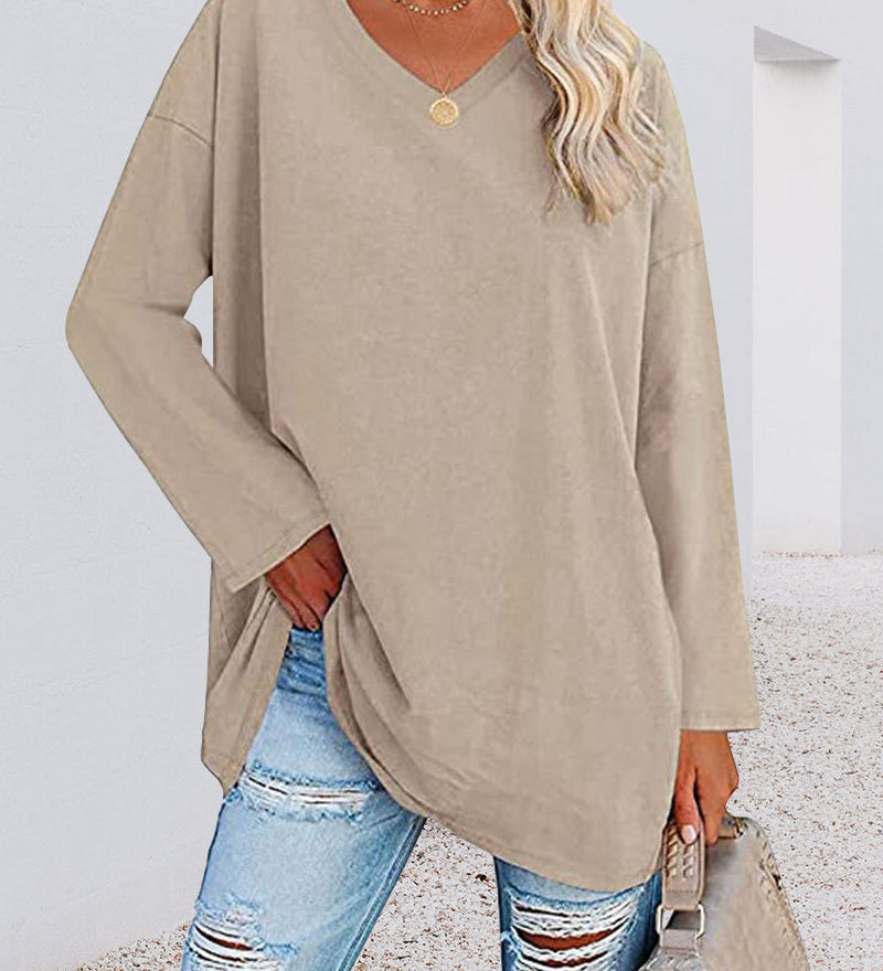 T-shirt femme uni col V manches longues