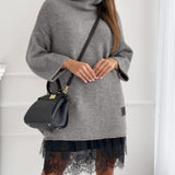 Ensemble robe pull col montant en maille décontractée de couleur unie