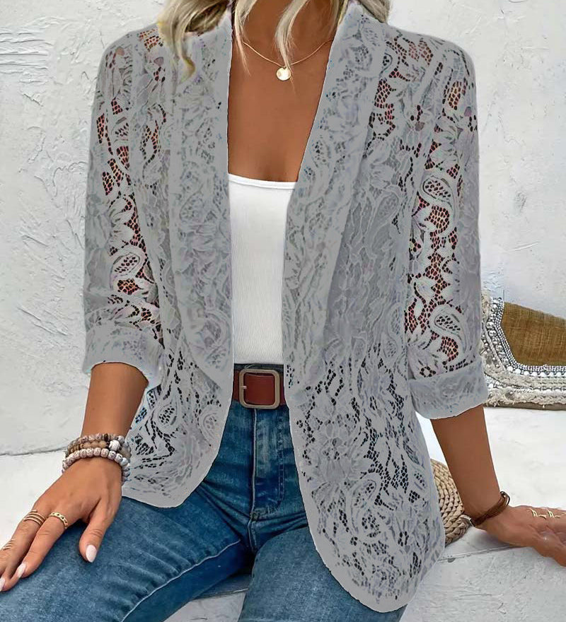 Manteau élégant à revers en dentelle florale de couleur unie