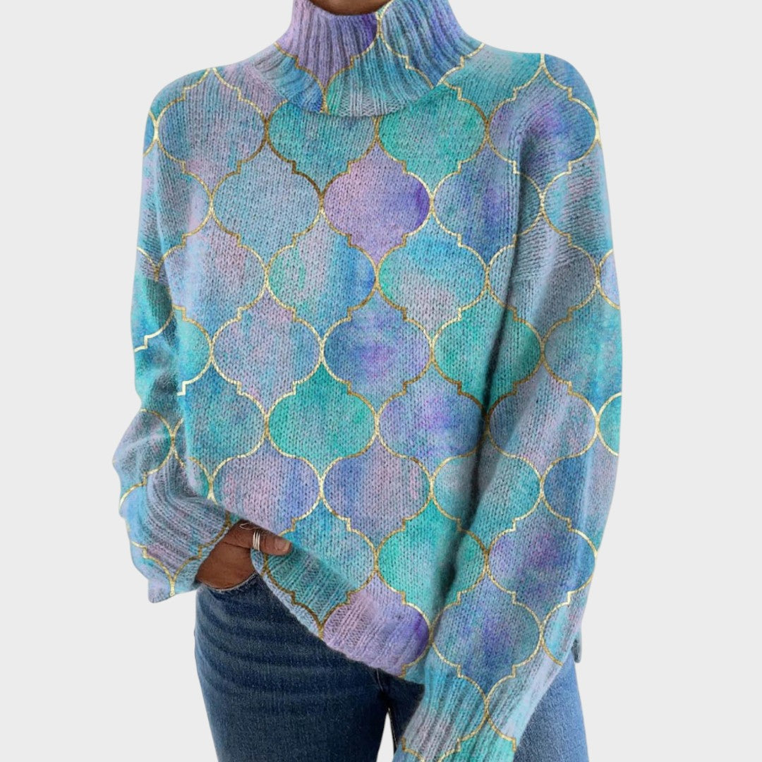 Pull col roulé à mosaïque bleu et lilas — Valentine, LucieSaint-Tropez