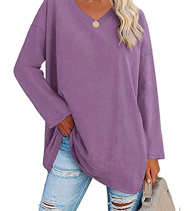 T-shirt femme uni col V manches longues