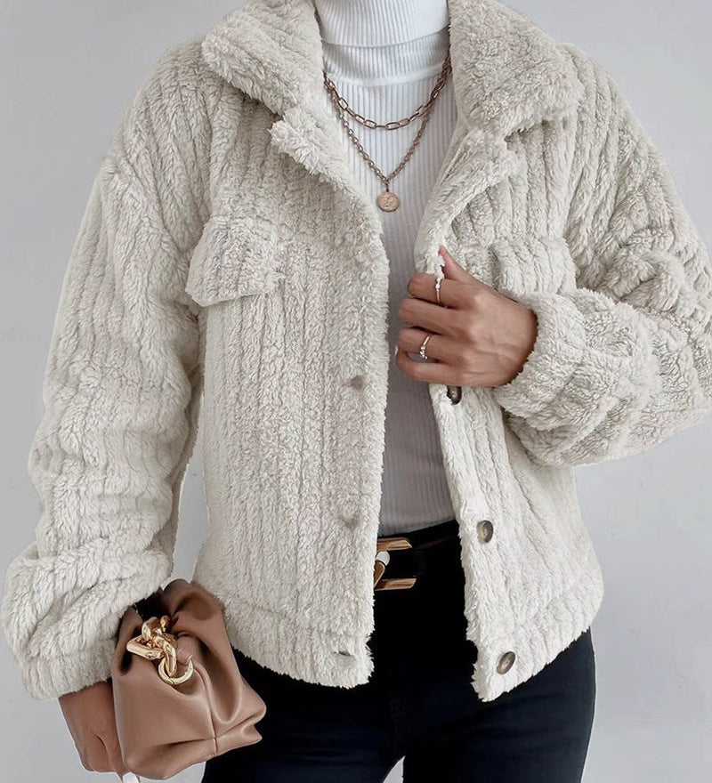 Manteau épais décontracté de couleur unie avec revers boutonné et manches longues