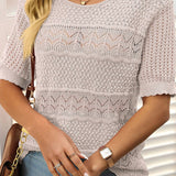 Pull À Manches Courtes En Maille Crochetée Ajourée Et Col Rond Pour Femmes