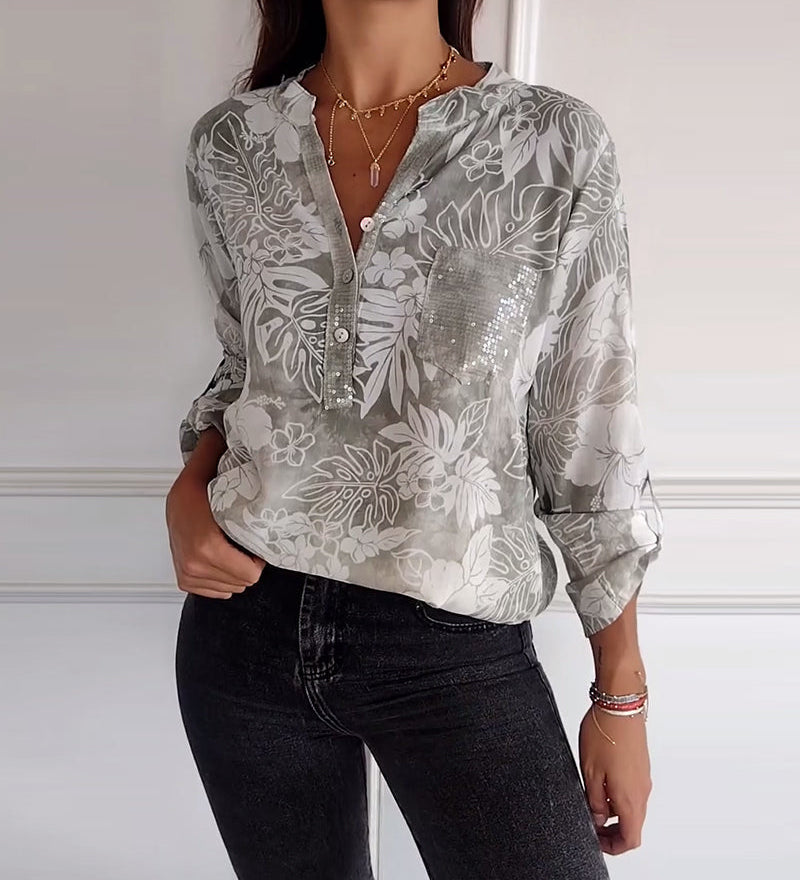 Haut imprimé feuilles à sequins patchwork