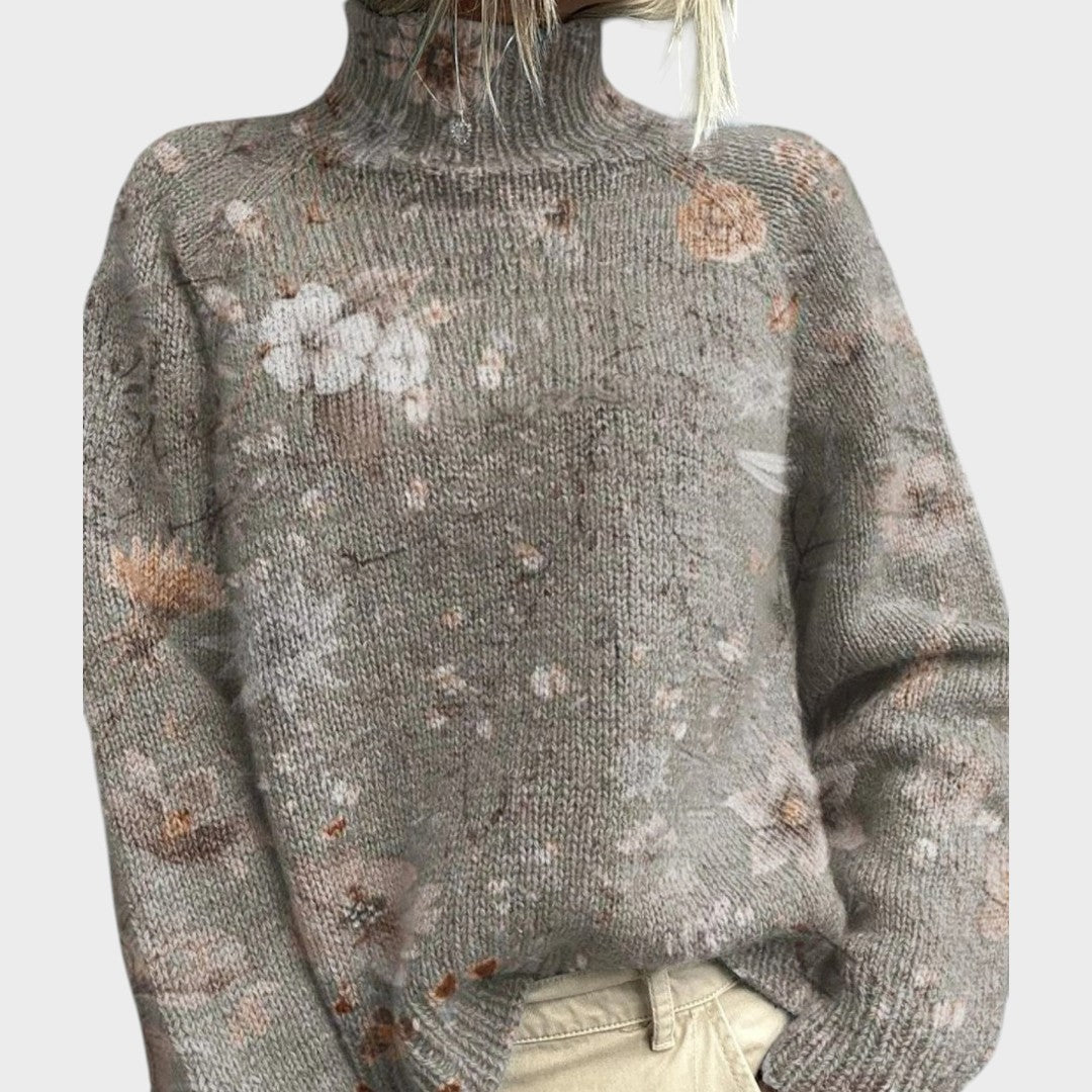 Pull col roulé gris à fleurs délicates — Romane, LucieSaint-Tropez