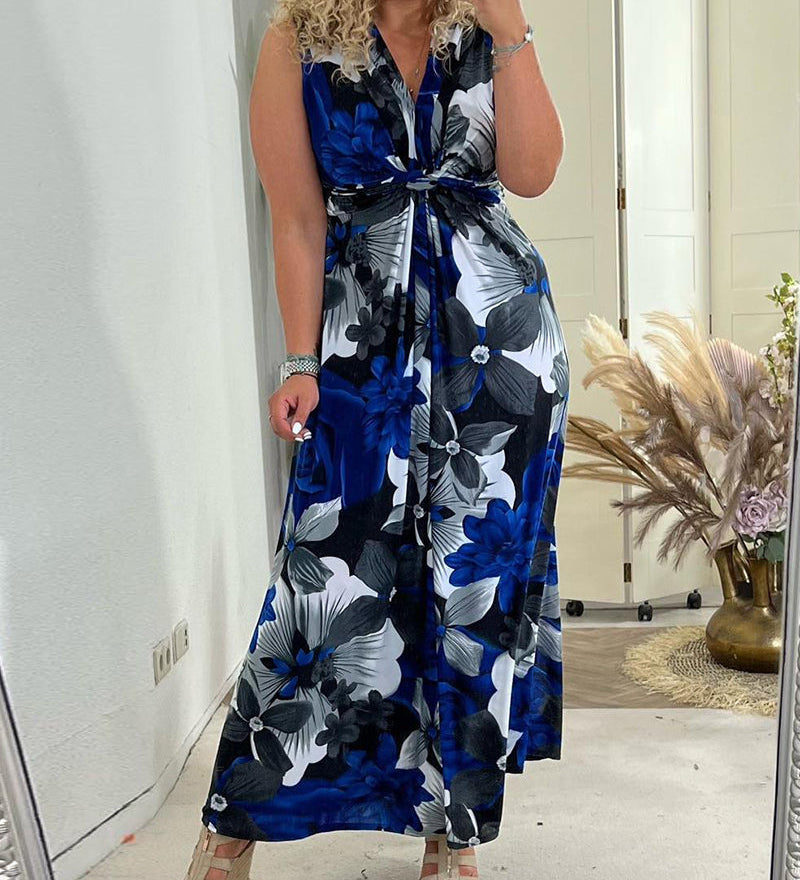 Robe élégante plissée sans manches à imprimé floral