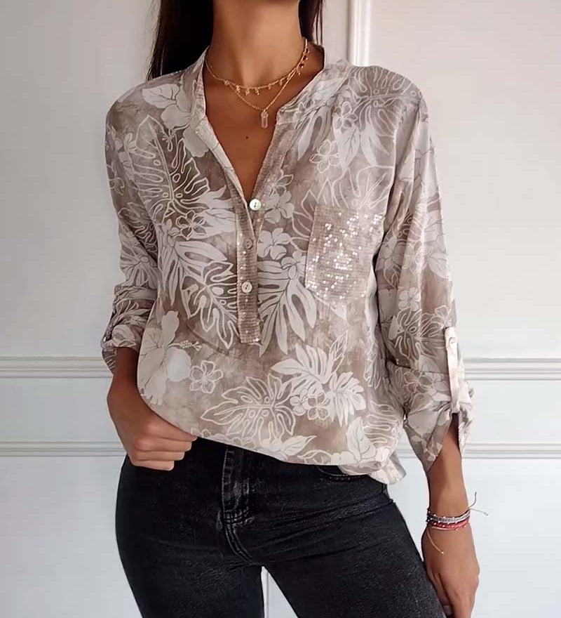 Haut imprimé feuilles à sequins patchwork