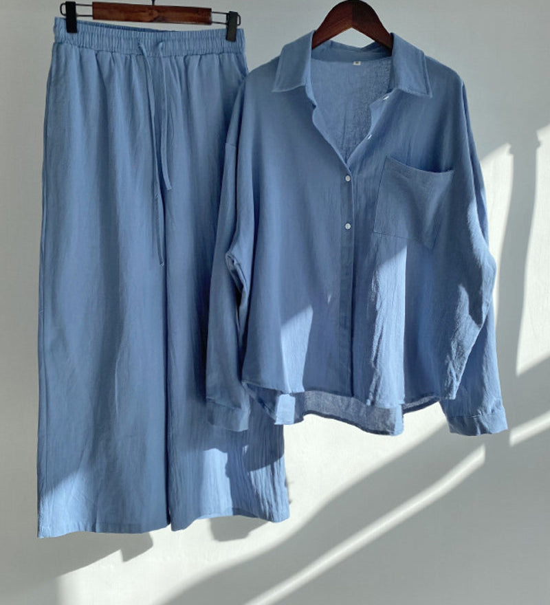 Ensemble deux pièces avec pantalon chemise de couleur unie