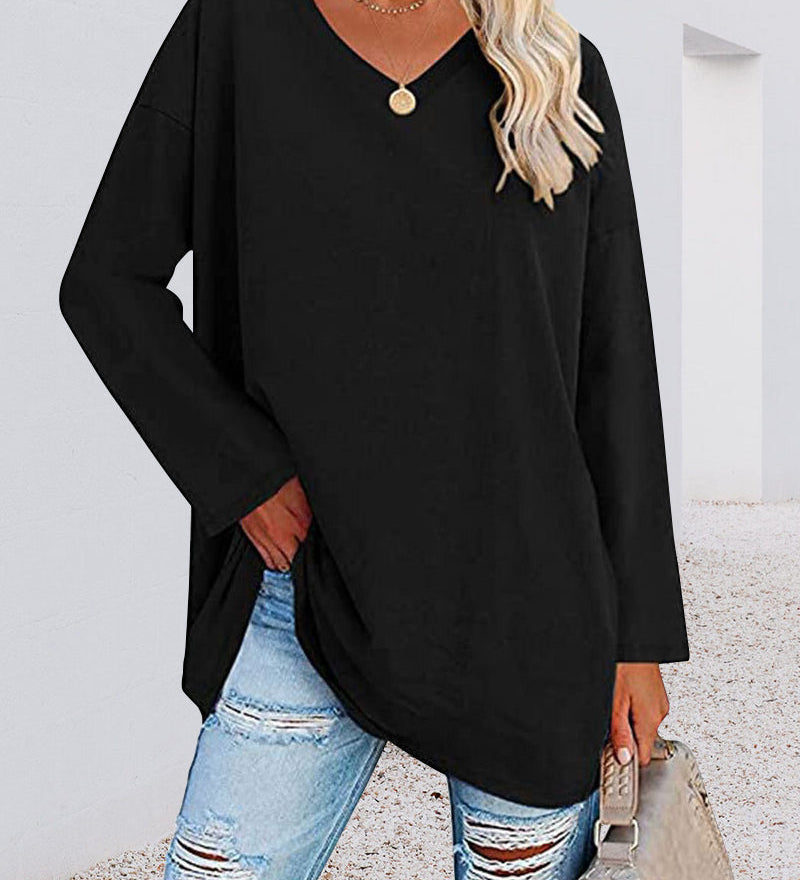 T-shirt femme uni col V manches longues