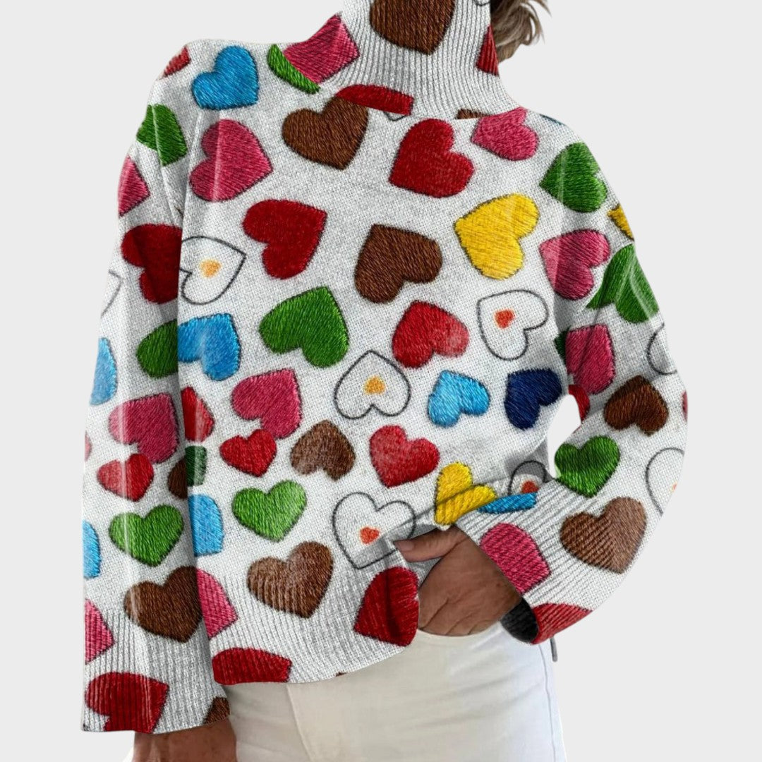 Pull col roulé blanc à cœurs multicolores — Aurore, LucieSaint-Tropez