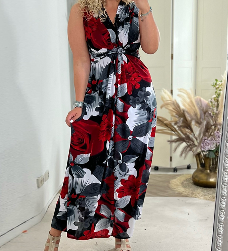Robe élégante plissée sans manches à imprimé floral