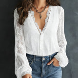Blouse À Manches Longues En Dentelle Avec Col En V