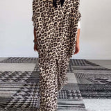 Ensemble décontracté à imprimé léopard avec haut ras du cou et poche, pantalon à jambe large