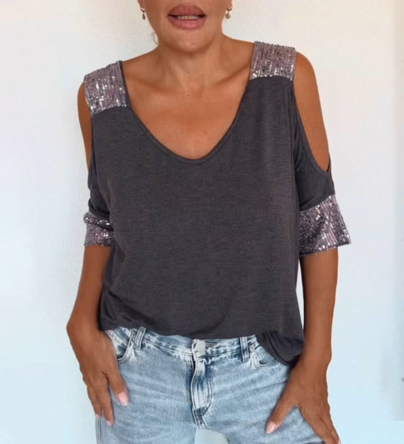T-Shirt avec Patch de Séquins en Off - the - Shoulder