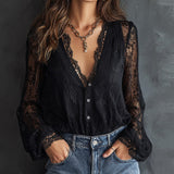 Blouse À Manches Longues En Dentelle Avec Col En V