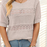 Pull À Manches Courtes En Maille Crochetée Ajourée Et Col Rond Pour Femmes