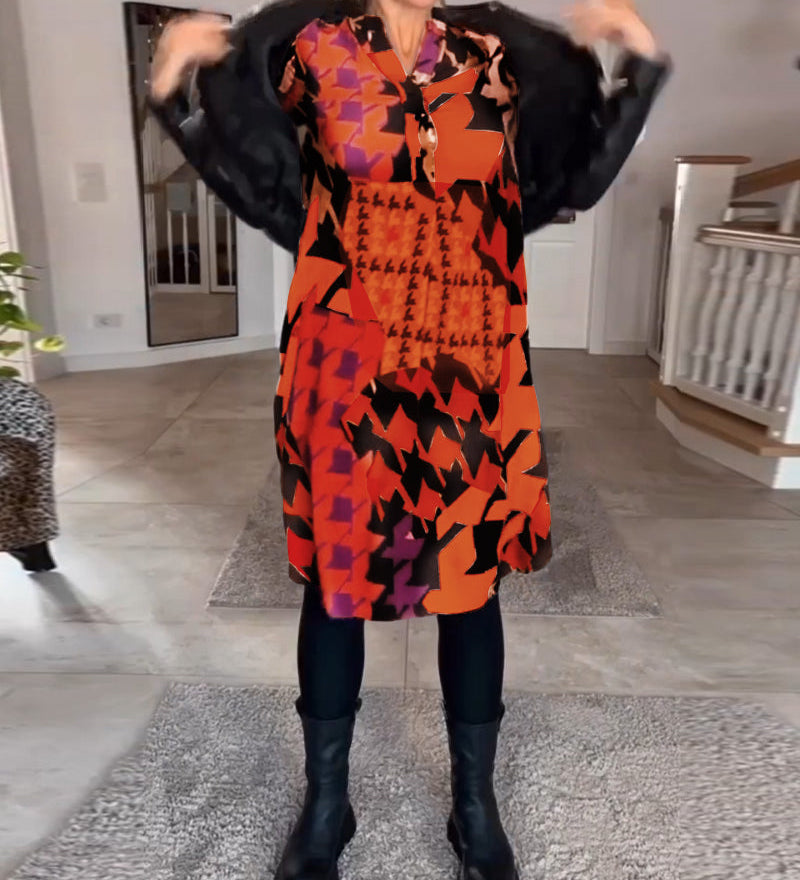 Robe imprimée à manches longues et col en V