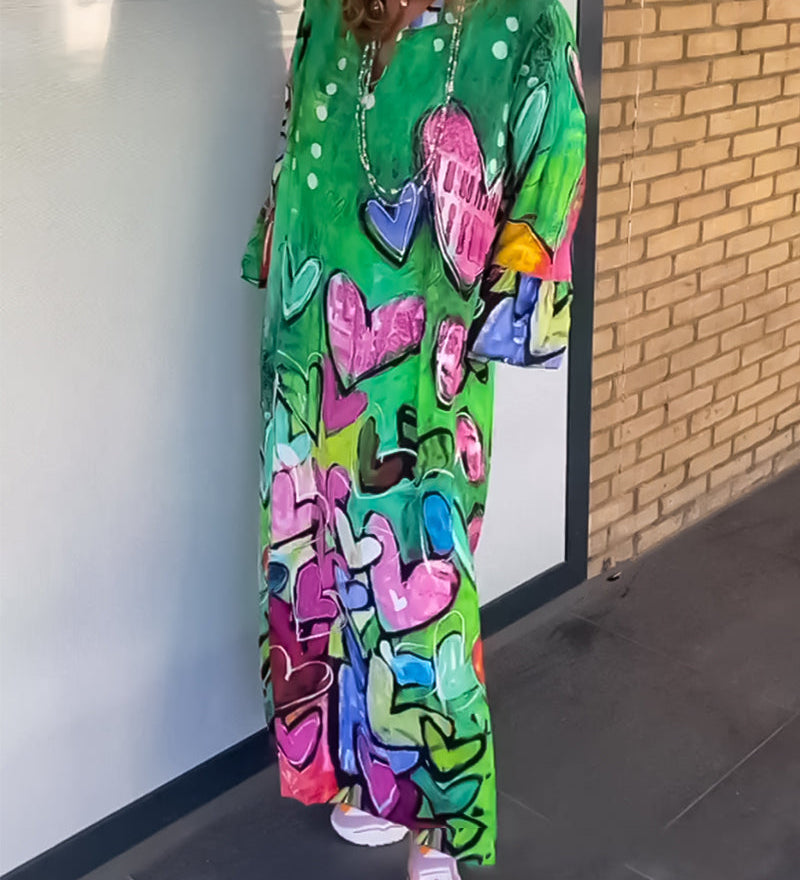 Robe à col en V à imprimé cœur avec manches longues