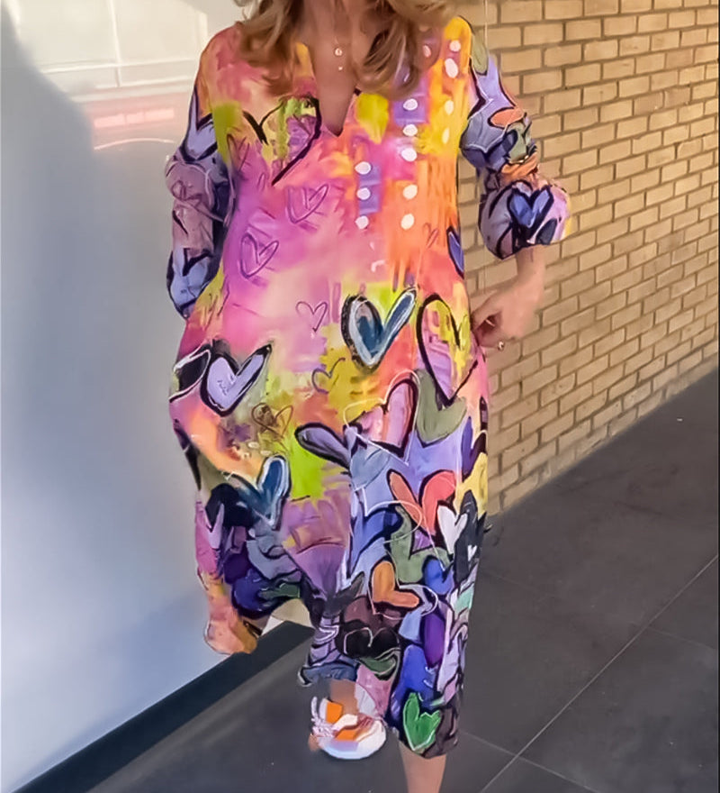 Robe à col en V à imprimé cœur avec manches longues
