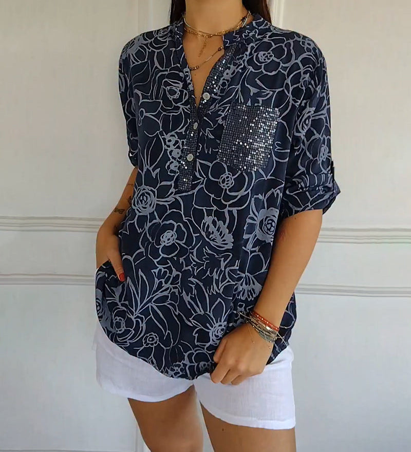 Blouse Col V Boutonnée Imprimée