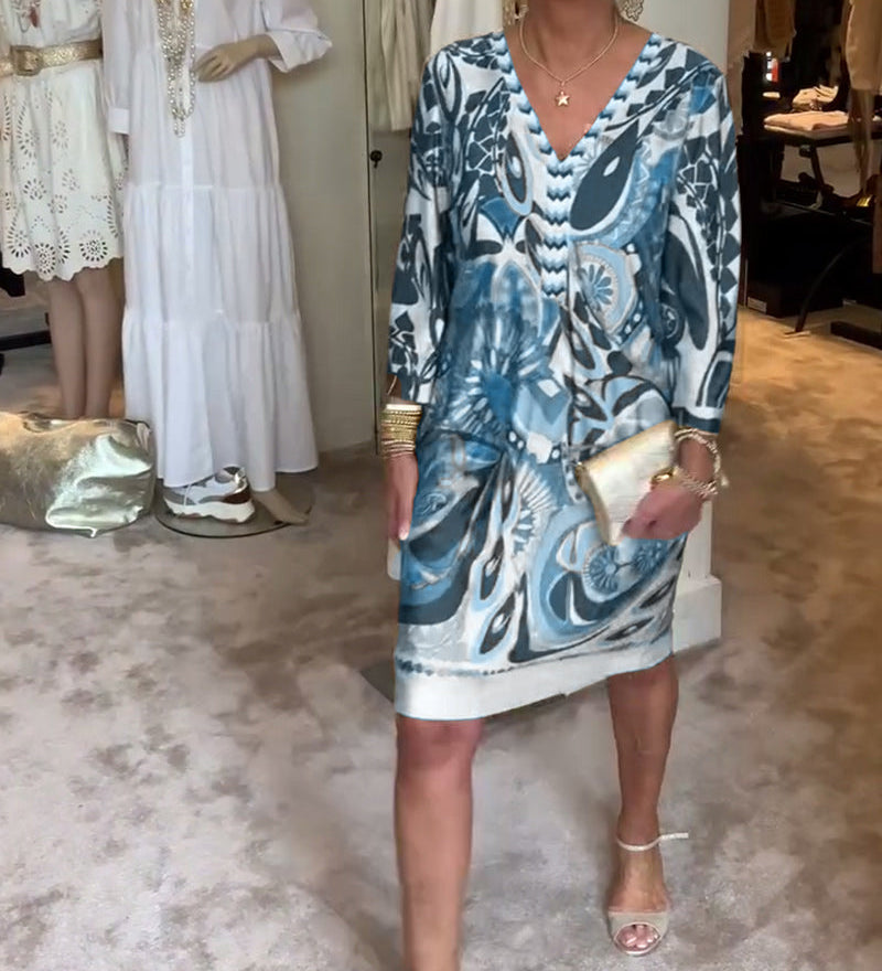 Robe décontractée à col en V et imprimé rétro