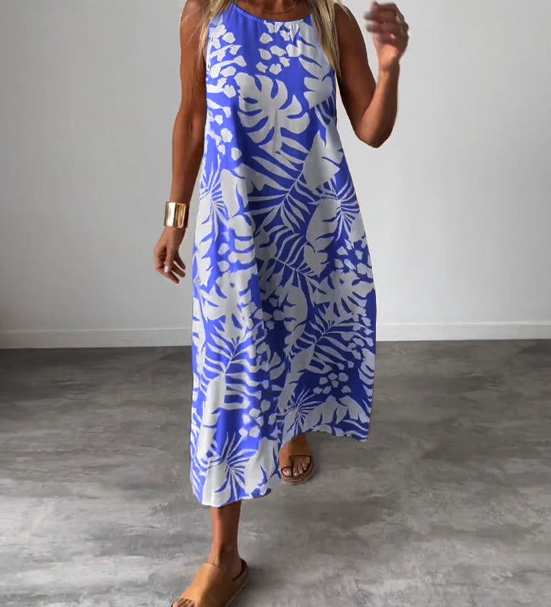 Robe décontractée sans manches à imprimé feuilles
