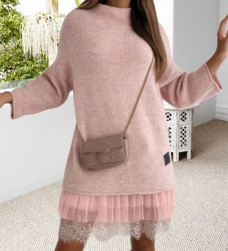 Ensemble robe pull col montant en maille décontractée de couleur unie
