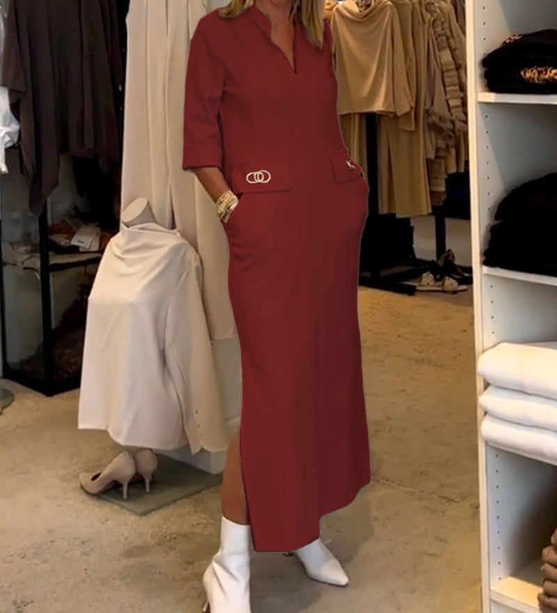 Robe fendue à manches 3/4 de couleur unie