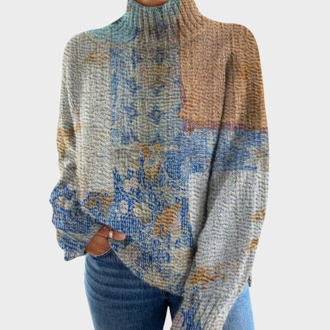 Pull col roulé patchwork bleu et sable — Chloé, LucieSaint-Tropez